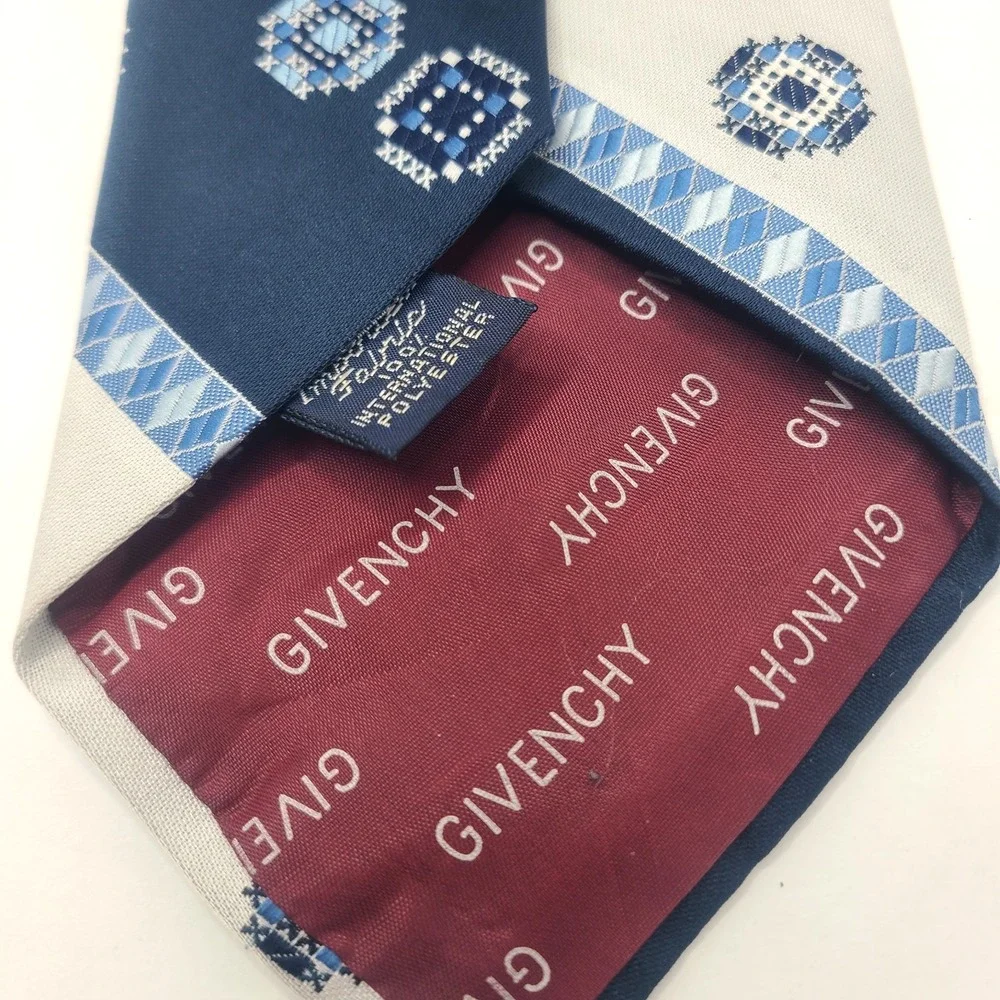 Vtg Givenchy Gentlemen Paris Necktie Blue White Geometric Folksy Nordic Pattern